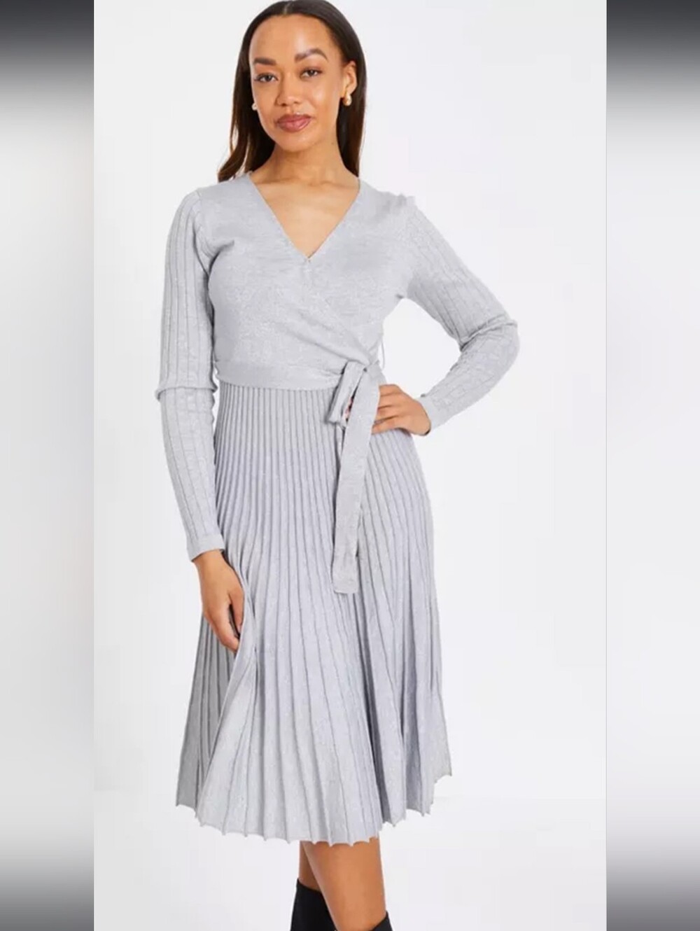 Papillon Blanc Light Gray/Silver Sparkle Ribbed Wrap Midi Dress L